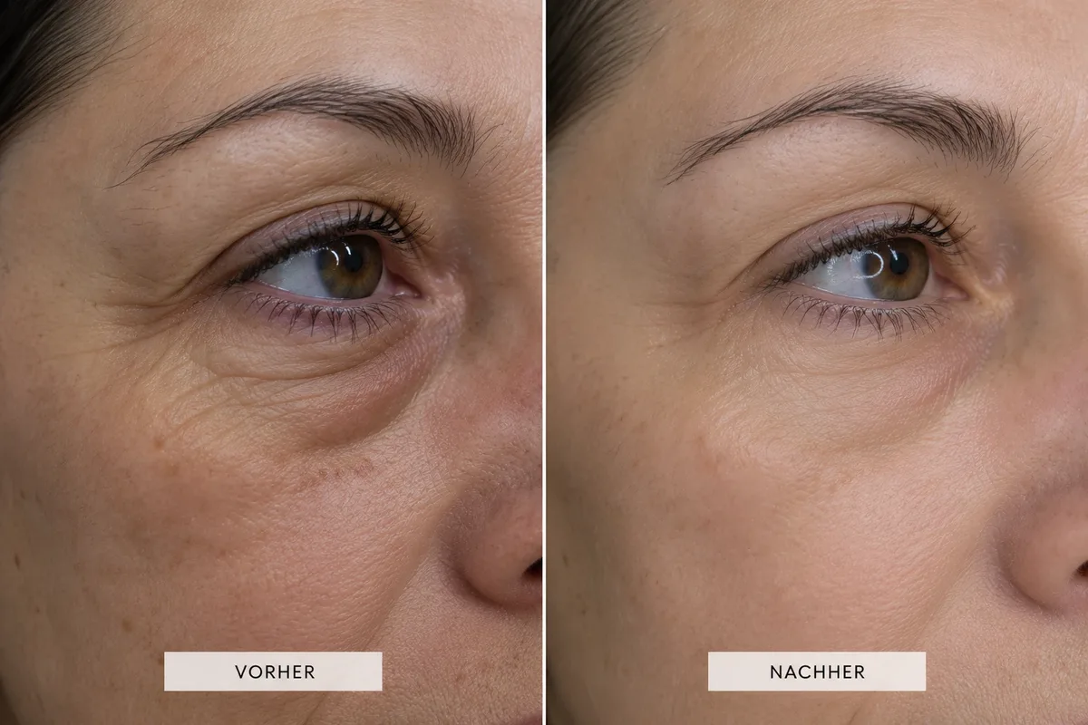 Augenpartie vor und nach der Mesotherapie: weniger feine Linien und ein gleichmässigerer Hautton