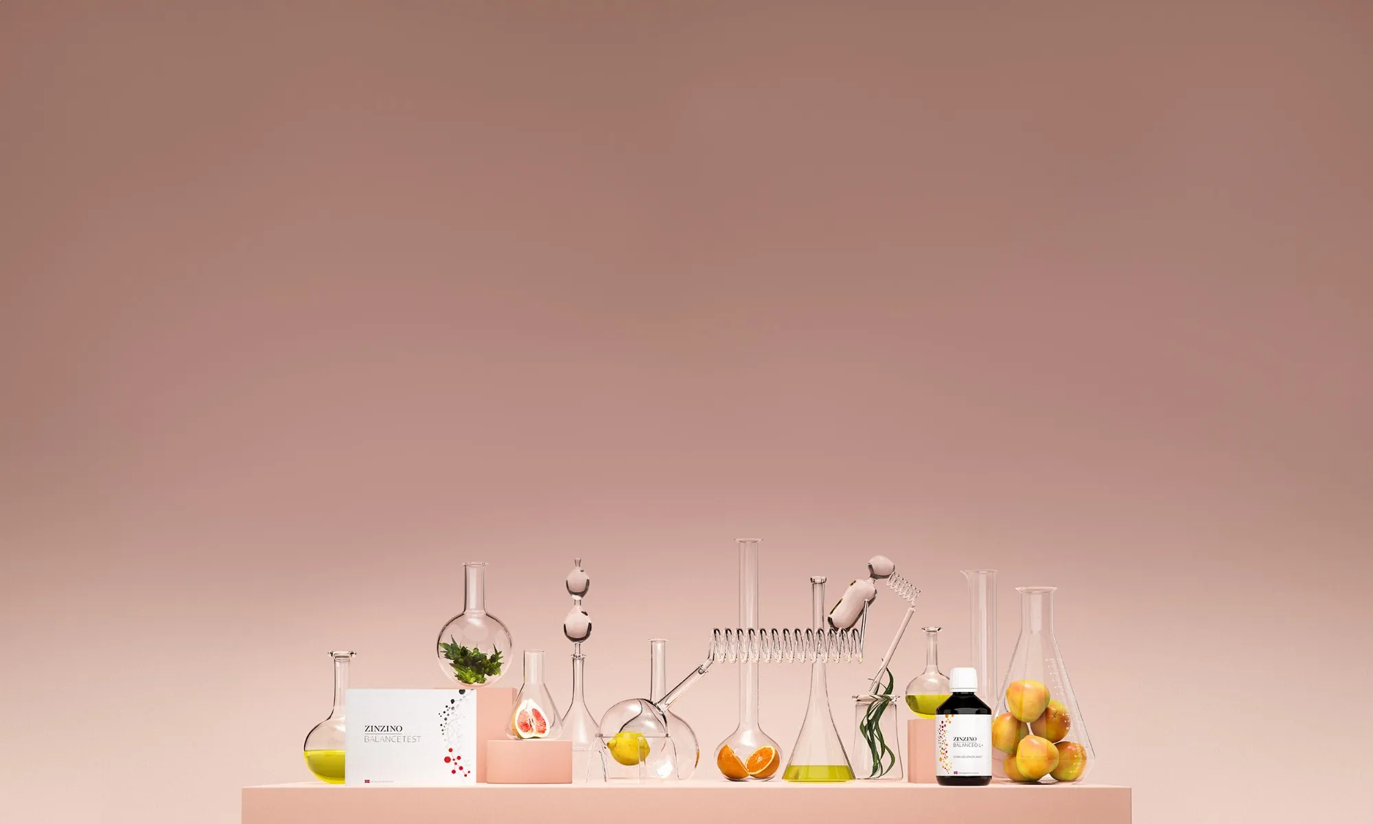 Zinzino BalanceTest und BalanceOil+ zwischen Laborgläsern mit Zitrusfrüchten und Kräutern