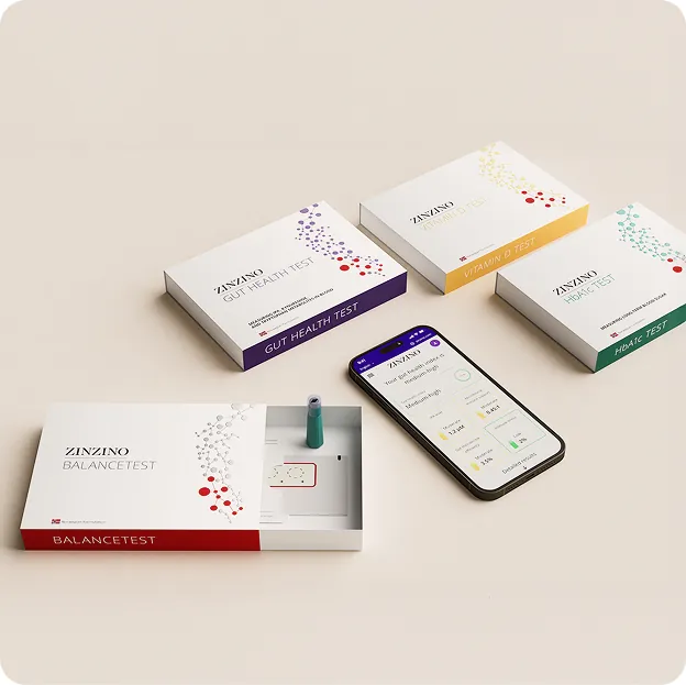 Zinzino BalanceTest, Gut Health Test, Vitamin D Test und HbA1c Test mit Ergebnis-App auf dem Smartphone